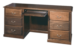 A wooden desk with six drawers, three on each side, and a pull-out keyboard tray in the center.