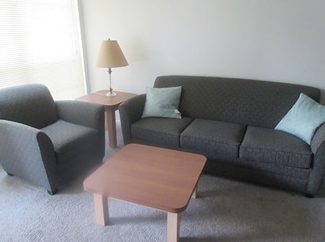 A living room with a gray armchair, gray sofa with two light blue pillows, a square coffee table, and a lamp on a side table.
