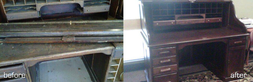 Side-by-side view of a roll-top desk before restoration, appearing damaged, and after restoration, looking clean and polished.