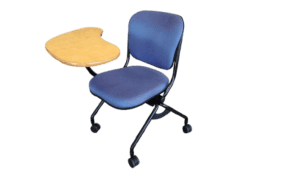The Navigator Tablet Chair image features a blue cushion, black legs with wheels, and a curved wood writing arm on the left side.