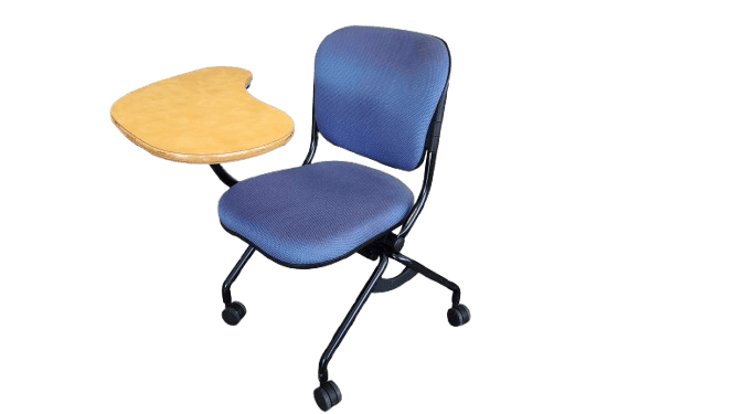 The Navigator Tablet Chair image features a blue cushion, black legs with wheels, and a curved wood writing arm on the left side.