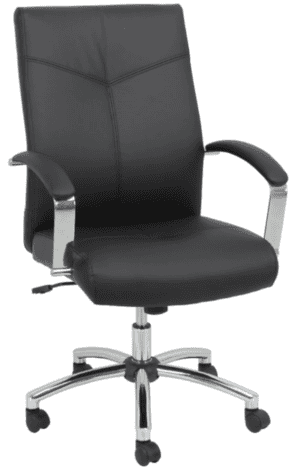 The Griffin Executive Chair w/ Chrome Base features a black cushioned seat, backrest, chrome armrests, and a five-wheel base.