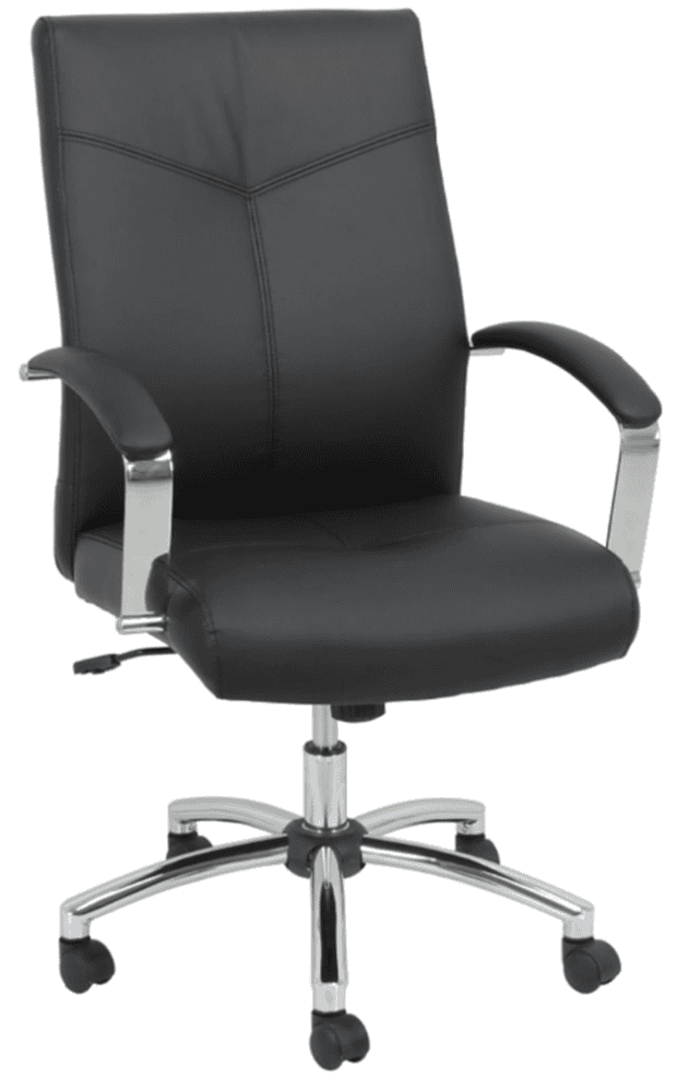 The Griffin Executive Chair w/ Chrome Base features a black cushioned seat, backrest, chrome armrests, and a five-wheel base.