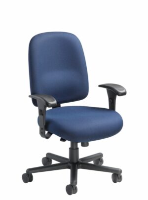 The Sherman Heavy Duty Chair is a blue upholstered office chair with armrests, high back, and black five-wheel base.