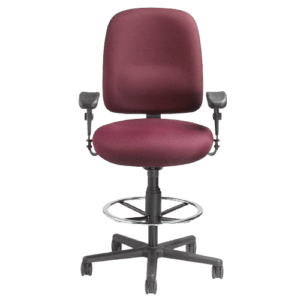 The Sherman Heavy Duty Stool is a maroon office chair with armrests, adjustable height, foot ring, and five-wheel black base.