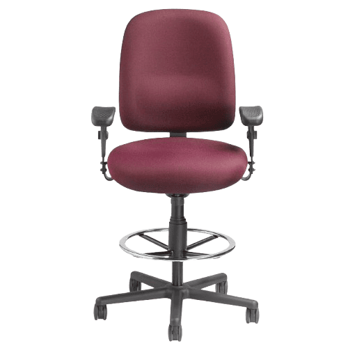 The Sherman Heavy Duty Stool is a maroon office chair with armrests, adjustable height, foot ring, and five-wheel black base.