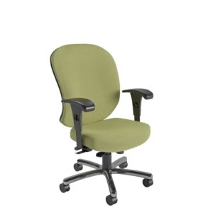 The 24/7 Heavy Duty Chair with Memory Foam Seat is green, with black adjustable armrests and a five-wheel black base.