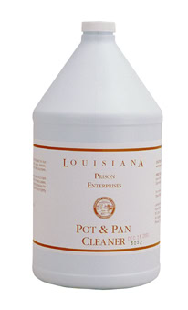 A white 1-gal container labeled "4 / 1 gal Pot and Pan Cleaner" featuring an orange and white design.