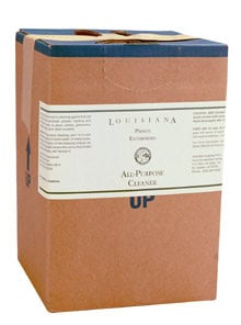 A brown cardboard box labeled "5 gal All purpose Cleaner" with a white label and blue accents, standing upright.