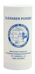 A white cylindrical container labeled "Cleanser Powder," marked as manufactured by Louisiana Prison Enterprises.