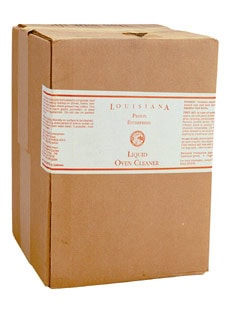 A plain brown cardboard box labeled "Louisiana Liquid Oven Cleaner" with text and logo printed on a white and orange label.