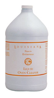 A large white jug labeled "Louisiana Prison Enterprises Liquid Oven Cleaner" with orange text and a circular logo on the front.
