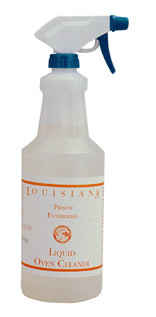 A clear spray bottle labeled "Louisiana Prison Enterprises Liquid Oven Cleaner" with a blue and white nozzle.