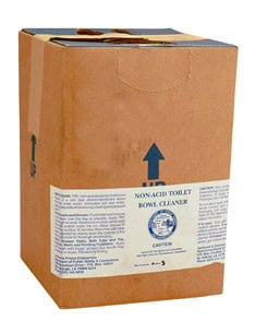 A brown cardboard box with a label that reads "Non-Acid Toilet Bowl Cleaner" and an upward-facing arrow printed on the side.
