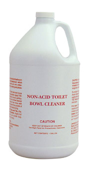 A white plastic gallon jug labeled "Non-Acid Toilet Bowl Cleaner" with caution text in red.