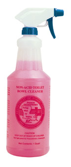 A 1-quart spray bottle of 12/1 Quart Bowl Cleaner-Non Acid with safety info and usage instructions on the label.