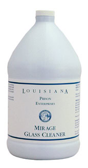 A white gallon jug labeled "4 / 1 gal Glass Cleaner" from Louisiana Person Enterprises.