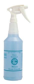 A clear spray bottle with white nozzle labeled "12 / 1 quart Glass Cleaner" contains light blue liquid.