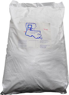 A large white plastic bag with a label featuring a blue outline of Louisiana and text, standing upright against a plain background.