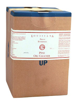 A large brown box labeled "5 gal Pine Cleaner" with printed instructions and an "UP" arrow on the front.