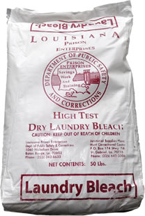A 50-pound white bag labeled "Laundry Bleach" from Louisiana Prison Enterprises with red text and a corrections department seal.