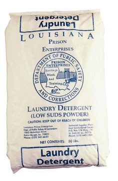 A 50-pound bag labeled "Louisiana Prison Enterprises Laundry Detergent" with department and safety information printed in blue text.
