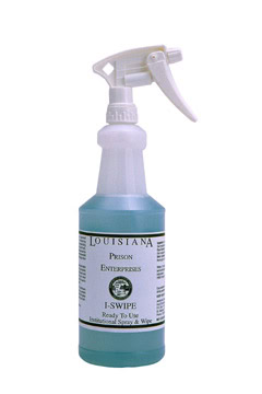 A 1-quart bottle of I-Swipe Surface Cleaner with blue liquid from Louisiana Prison Enterprises.