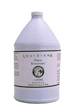 A large white gallon jug labeled "4 / 1 gal I-Swipe Surface Cleaner.