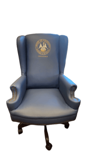 A PE Adjustable Executive Wingback Chair in blue leather with the Louisiana seal and "TREASURER" on the backrest.