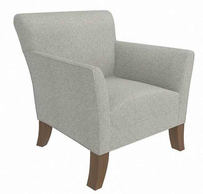 The Meghan Lounge Chair is a light gray upholstered armchair with wooden legs, angled left against a plain white background.