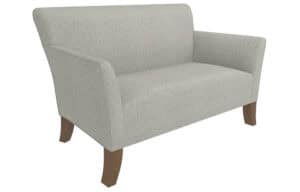 The Meghan Loveseat features light gray upholstery, angled wooden legs, and gently curved armrests, shown from front and side.
