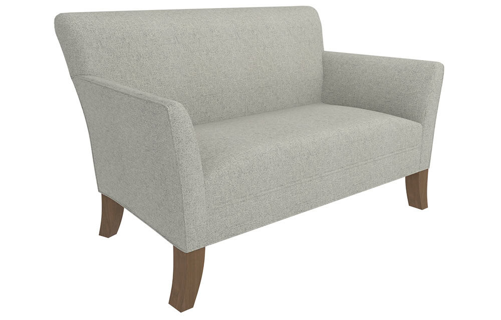 The Meghan Loveseat features light gray upholstery, angled wooden legs, and gently curved armrests, shown from front and side.