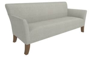 The Meghan Sofa features light gray upholstery, wooden legs, a straight backrest, and angled armrests on a white background.