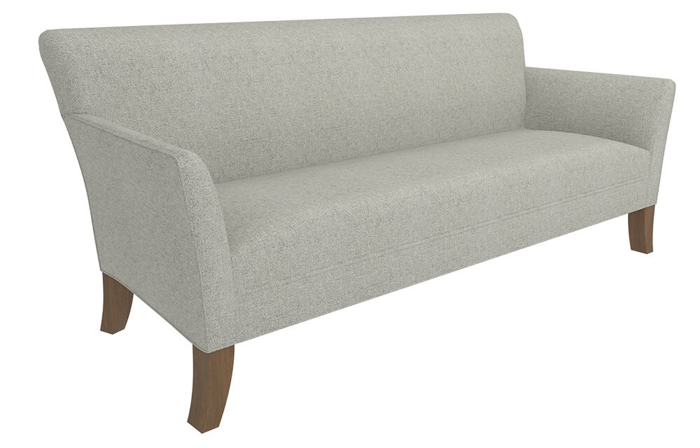 The Meghan Sofa features light gray upholstery, wooden legs, a straight backrest, and angled armrests on a white background.