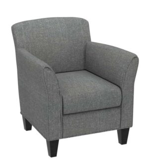 The Cooper Lounge Chair is gray with wide armrests and dark wooden legs, shown against a white background.