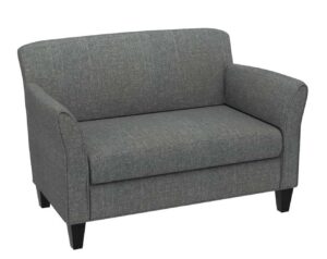 The Cooper Loveseat features gray upholstery, gently curved arms, and short black legs, displayed on a plain white background.
