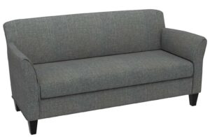 The Cooper Sofa is gray and upholstered, with a straight back, curved arms, and short black legs.