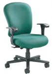 24/7 Heavy Duty Chair: green with armrests, cushioned seat and back, black five-wheel base, on a light background.