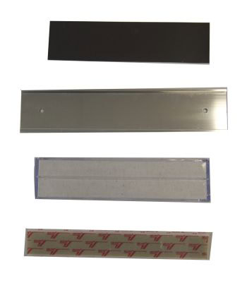 Four gold door/wall nameplate holders are displayed vertically against a white background.