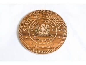 A Wood Plaque, Mounted Engravable, features the Louisiana seal with a pelican and "Union, Justice, Confidence.