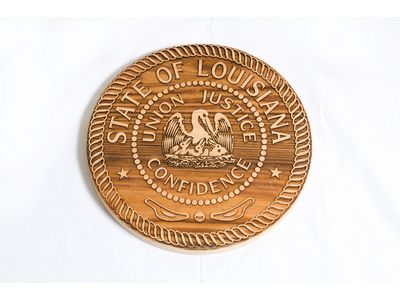 A Wood Plaque, Mounted Engravable, features the Louisiana seal with a pelican and "Union, Justice, Confidence.