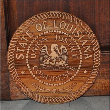 The Laser Engraved Wood State Seal features Louisiana’s seal, a pelican, "Union, Justice, Confidence," and rope accents.