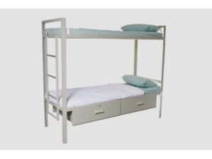 The Bunk Bed Frame Steel includes a ladder, white bedding, green pillows, and two storage drawers under the lower bed.