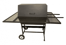 A large black BBQ Pit with wheels, two side shelves, front handle, and optional smoker.