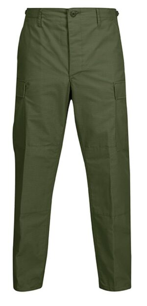 BDU Pants - Button Fly (Long Length) in olive green with side pockets and straight legs shown on a white background.