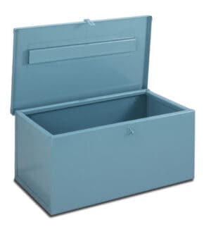 A blue Bed Locker without hanger, made of 18-gauge sheet metal, shown open with an empty interior.
