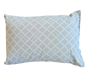 Poly Foam Pillow Wrapped in Blue Fire Guard with a blue, grid-patterned cover and “FIREGUARD” printed on it.