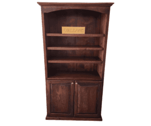Solid Wood Bookcase with Storage Doors 36x13x72 features three open shelves, a two-door cabinet, and an "ORLEANS" top shelf sign.