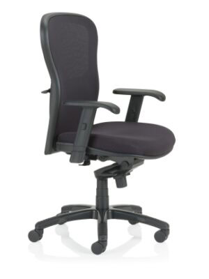 Breathe Chair-high back with adjustable arms and mesh backrest on five-wheel base, shown against a white background.