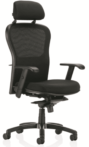 Breathe Chair: high back, adjustable arms, headrest, mesh back, five-wheel base; shown on a white background.